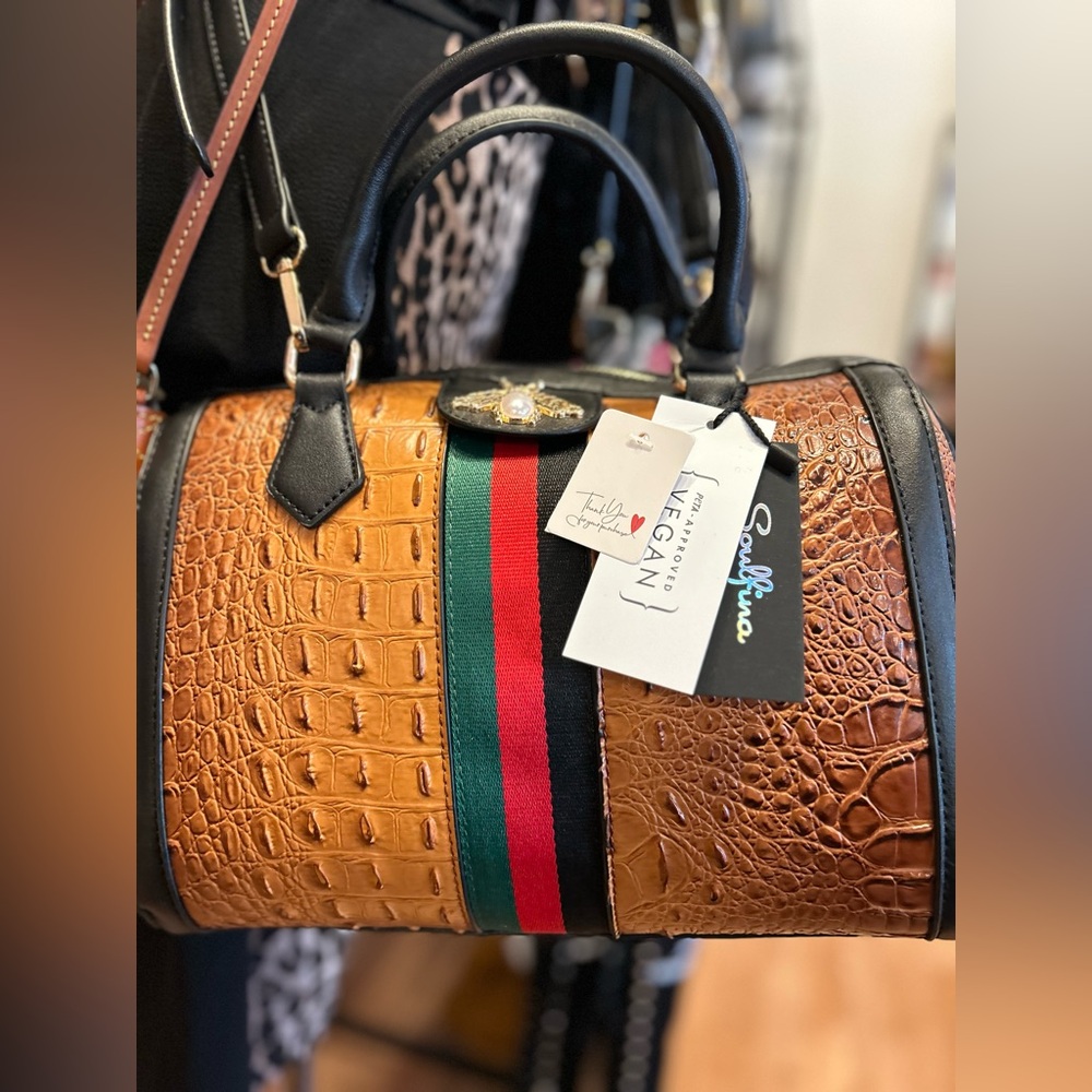 Fashion Croco Satchel with Bee and Stripe